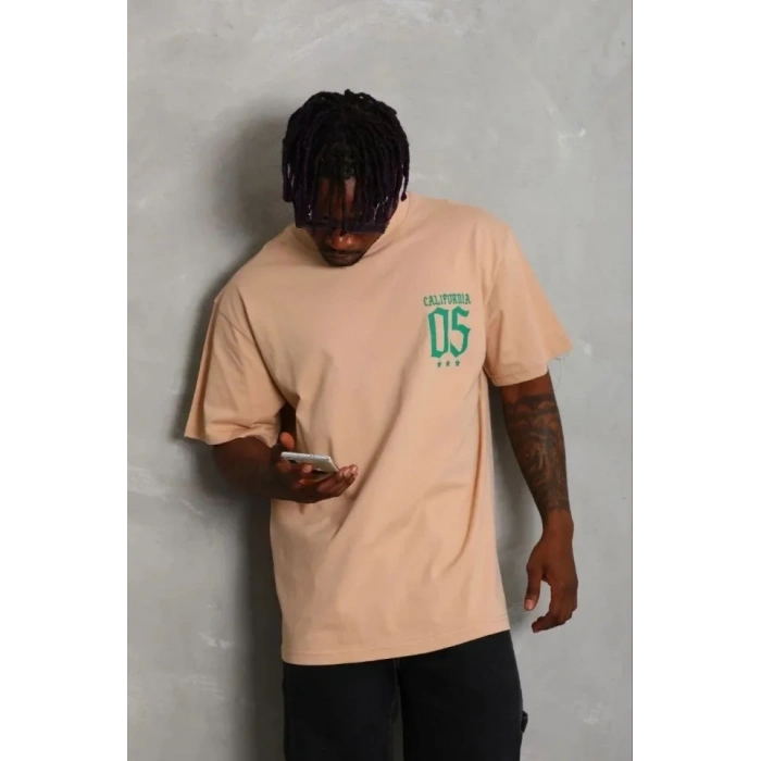 Erkek Baskılı T-Shirt Kısa Kol Bisiklet Yaka Regular Fit Rahat Kalıp Günlük Tişört - Bej