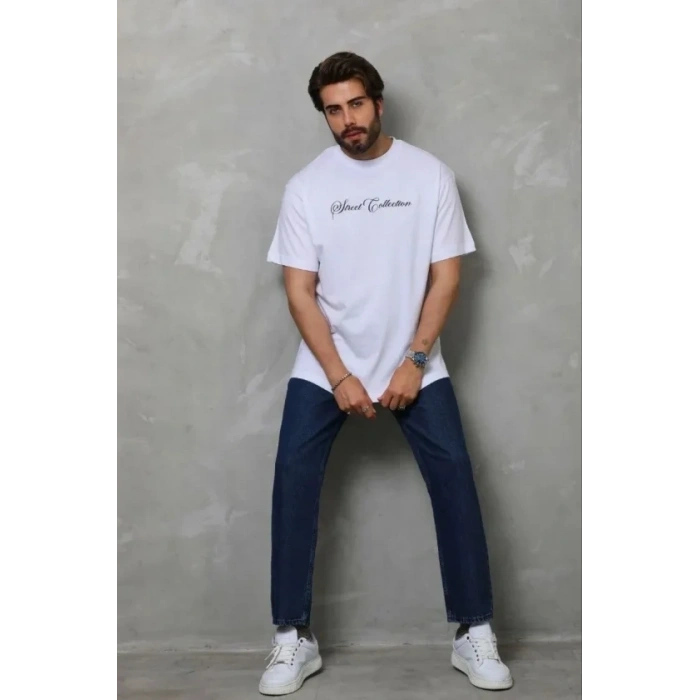 Erkek Baskılı T-Shirt Kısa Kol Bisiklet Yaka Regular Fit Rahat Kalıp Günlük Tişört - Beyaz