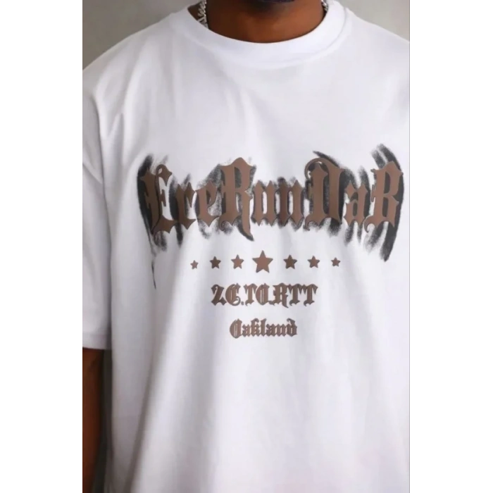 Erkek Baskılı T-Shirt Kısa Kol Bisiklet Yaka Regular Fit Rahat Kalıp Günlük Tişört - Beyaz