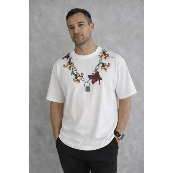 Erkek Baskılı T-Shirt Kısa Kol Bisiklet Yaka Regular Fit Rahat Kalıp Günlük Tişört - Beyaz