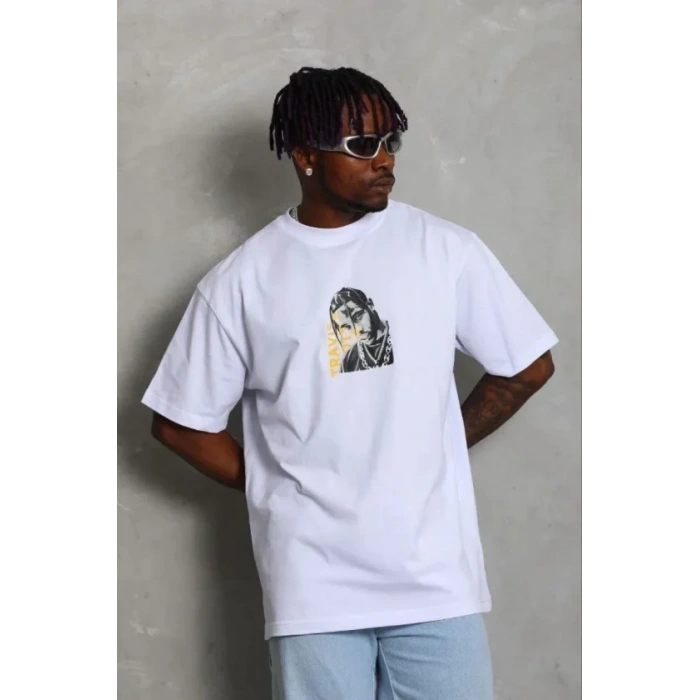 Erkek Baskılı T-Shirt Kısa Kol Bisiklet Yaka Regular Fit Rahat Kalıp Günlük Tişört - Beyaz