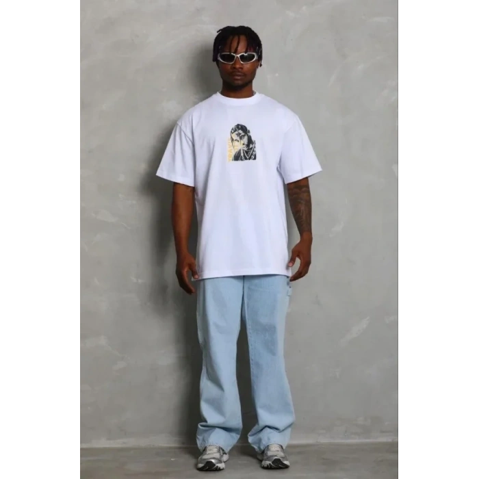 Erkek Baskılı T-Shirt Kısa Kol Bisiklet Yaka Regular Fit Rahat Kalıp Günlük Tişört - Beyaz