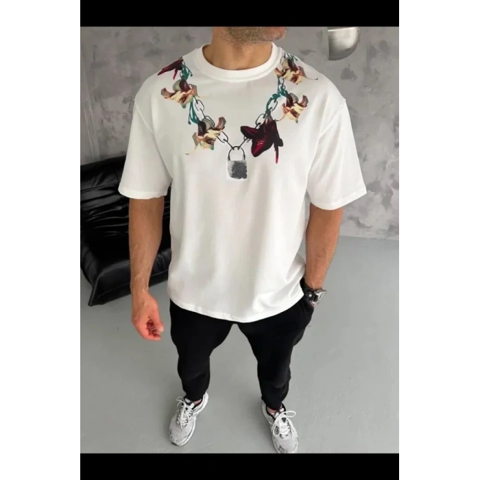 Erkek Baskılı T-Shirt Kısa Kol Bisiklet Yaka Regular Fit Rahat Kalıp Günlük Tişört - Beyaz