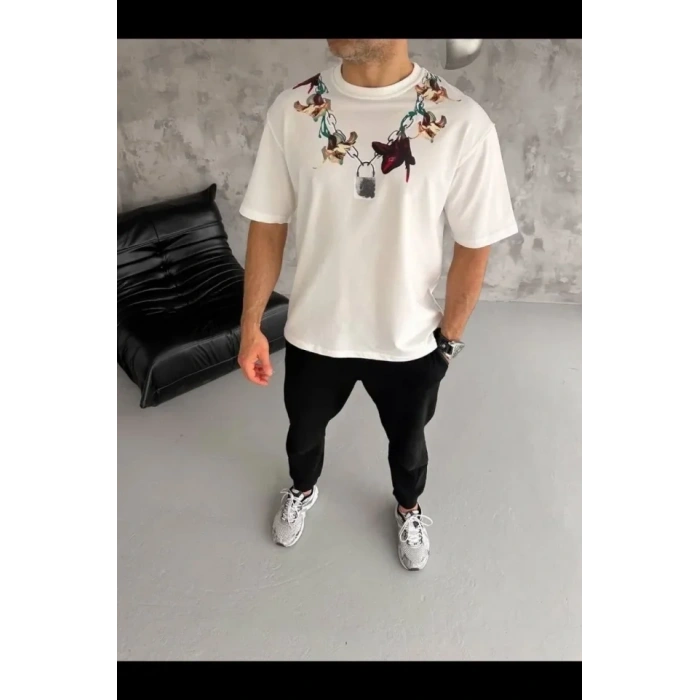 Erkek Baskılı T-Shirt Kısa Kol Bisiklet Yaka Regular Fit Rahat Kalıp Günlük Tişört - Beyaz