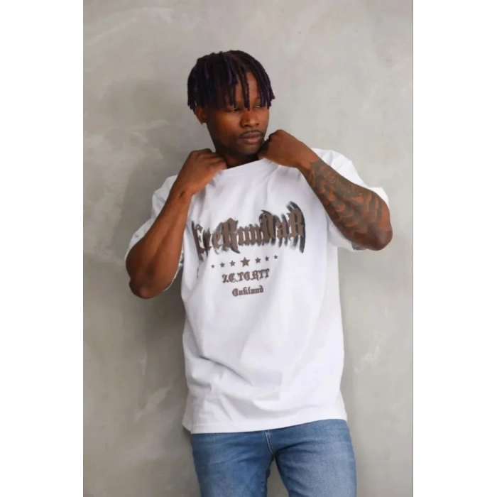 Erkek Baskılı T-Shirt Kısa Kol Bisiklet Yaka Regular Fit Rahat Kalıp Günlük Tişört - Beyaz