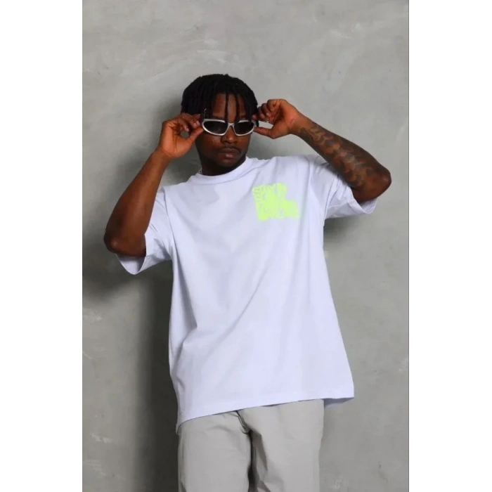 Erkek Baskılı T-Shirt Kısa Kol Bisiklet Yaka Regular Fit Rahat Kalıp Günlük Tişört - Beyaz