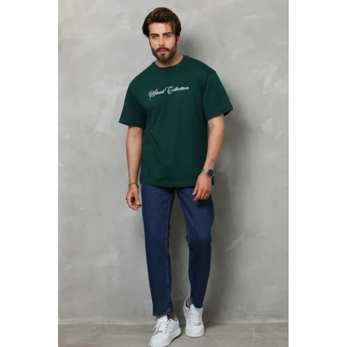 Erkek Baskılı T-Shirt Kısa Kol Bisiklet Yaka Regular Fit Rahat Kalıp Günlük Tişört - Çağla Yeşili