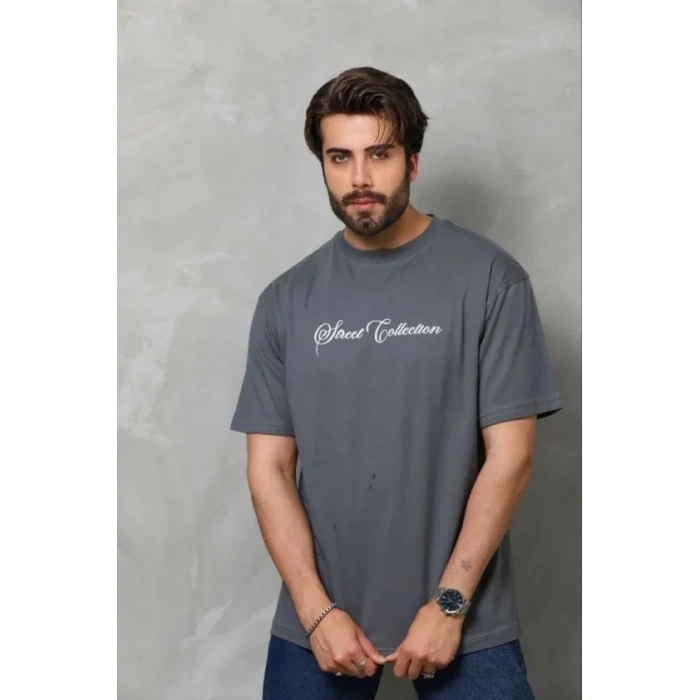 Erkek Baskılı T-Shirt Kısa Kol Bisiklet Yaka Regular Fit Rahat Kalıp Günlük Tişört - Füme