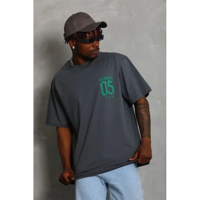 Erkek Baskılı T-Shirt Kısa Kol Bisiklet Yaka Regular Fit Rahat Kalıp Günlük Tişört - Füme