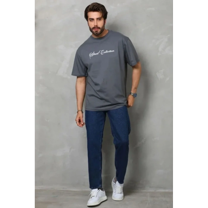 Erkek Baskılı T-Shirt Kısa Kol Bisiklet Yaka Regular Fit Rahat Kalıp Günlük Tişört - Füme