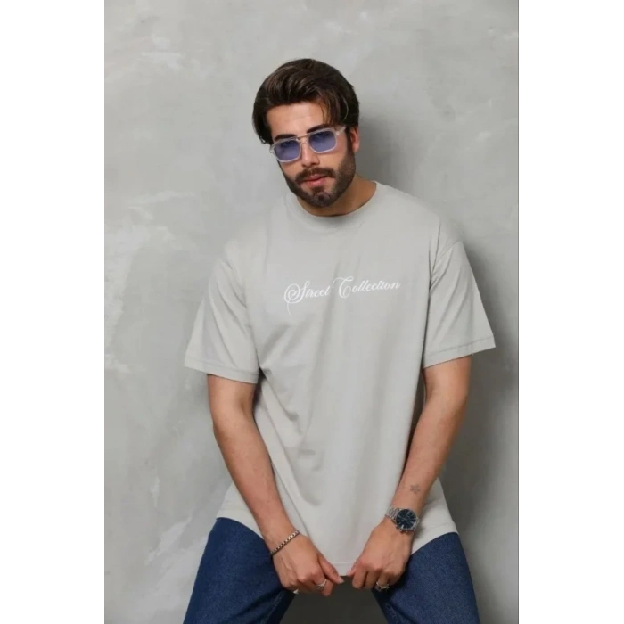 Erkek Baskılı T-Shirt Kısa Kol Bisiklet Yaka Regular Fit Rahat Kalıp Günlük Tişört - Gri