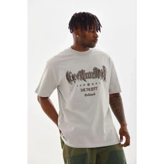 Erkek Baskılı T-Shirt Kısa Kol Bisiklet Yaka Regular Fit Rahat Kalıp Günlük Tişört - Gri