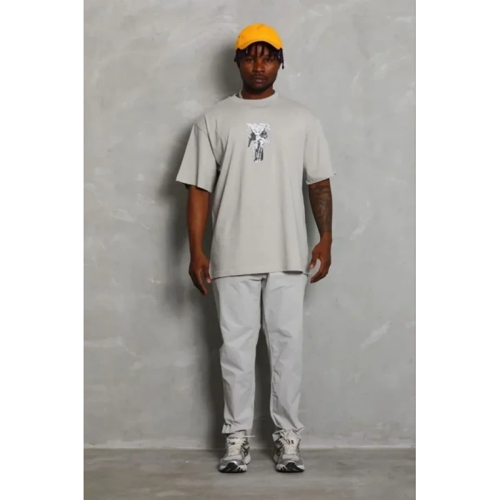 Erkek Baskılı T-Shirt Kısa Kol Bisiklet Yaka Regular Fit Rahat Kalıp Günlük Tişört - Gri