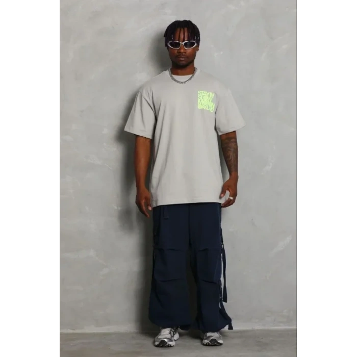 Erkek Baskılı T-Shirt Kısa Kol Bisiklet Yaka Regular Fit Rahat Kalıp Günlük Tişört - Gri