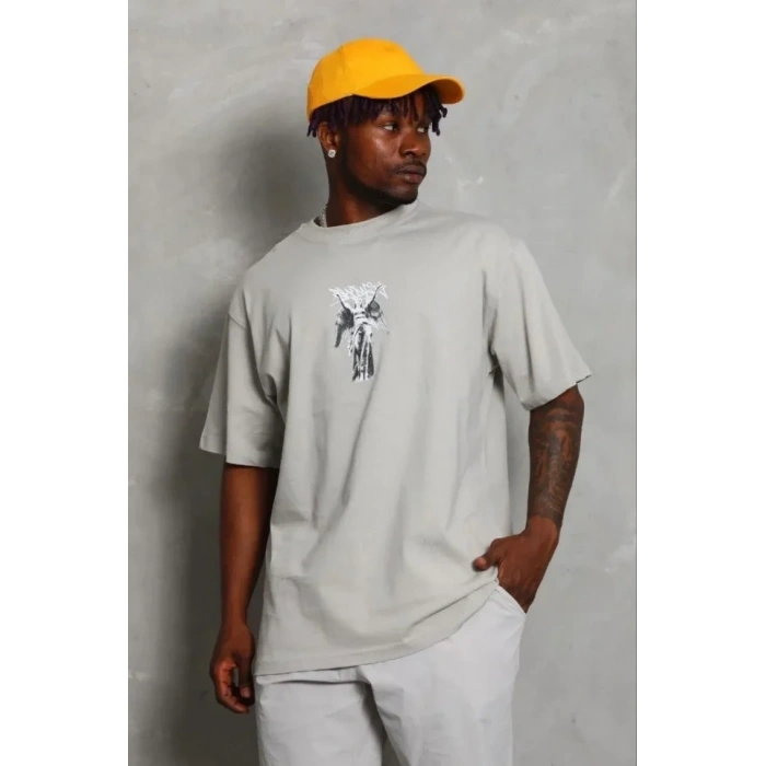 Erkek Baskılı T-Shirt Kısa Kol Bisiklet Yaka Regular Fit Rahat Kalıp Günlük Tişört - Gri