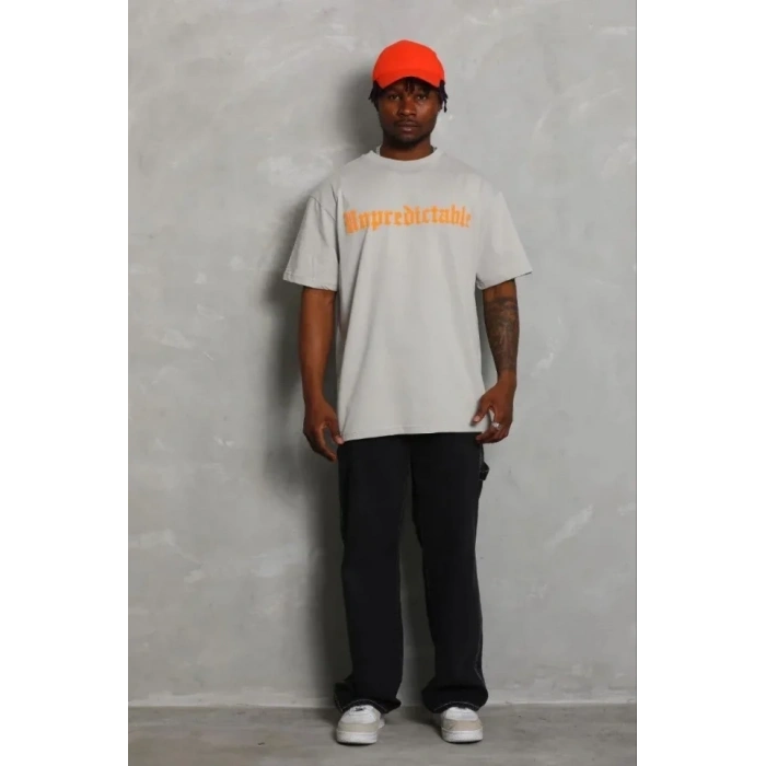 Erkek Baskılı T-Shirt Kısa Kol Bisiklet Yaka Regular Fit Rahat Kalıp Günlük Tişört - Gri