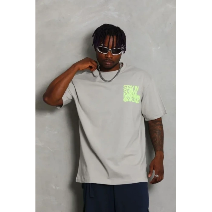 Erkek Baskılı T-Shirt Kısa Kol Bisiklet Yaka Regular Fit Rahat Kalıp Günlük Tişört - Gri