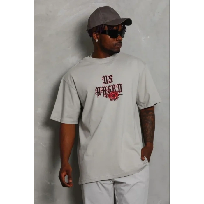 Erkek Baskılı T-Shirt Kısa Kol Bisiklet Yaka Regular Fit Rahat Kalıp Günlük Tişört - Gri