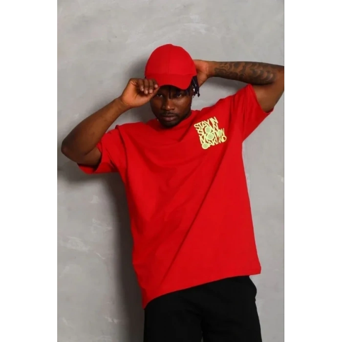 Erkek Baskılı T-Shirt Kısa Kol Bisiklet Yaka Regular Fit Rahat Kalıp Günlük Tişört - Kırmızı