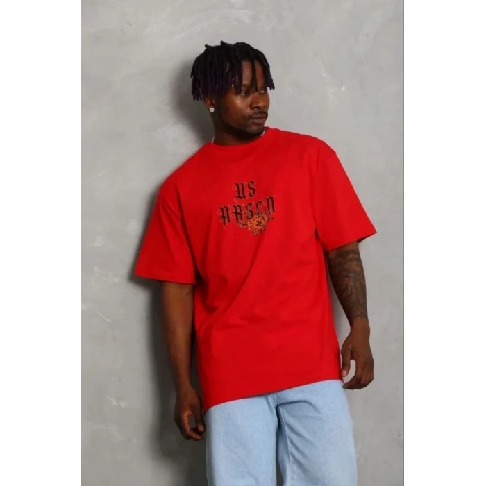 Erkek Baskılı T-Shirt Kısa Kol Bisiklet Yaka Regular Fit Rahat Kalıp Günlük Tişört - Kırmızı