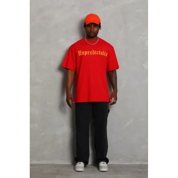 Erkek Baskılı T-Shirt Kısa Kol Bisiklet Yaka Regular Fit Rahat Kalıp Günlük Tişört - Kırmızı