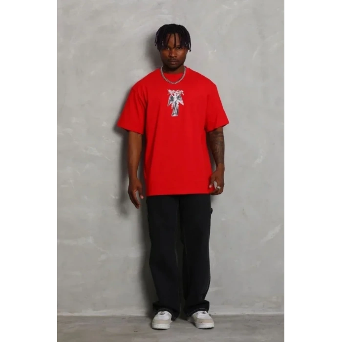 Erkek Baskılı T-Shirt Kısa Kol Bisiklet Yaka Regular Fit Rahat Kalıp Günlük Tişört - Kırmızı