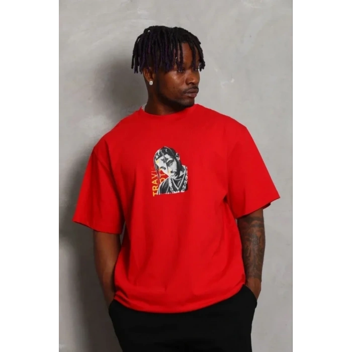 Erkek Baskılı T-Shirt Kısa Kol Bisiklet Yaka Regular Fit Rahat Kalıp Günlük Tişört - Kırmızı