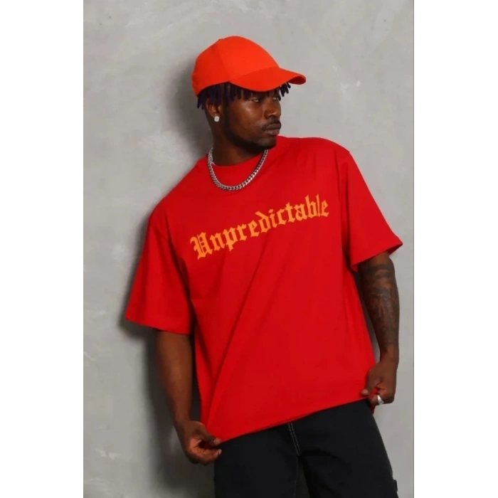 Erkek Baskılı T-Shirt Kısa Kol Bisiklet Yaka Regular Fit Rahat Kalıp Günlük Tişört - Kırmızı