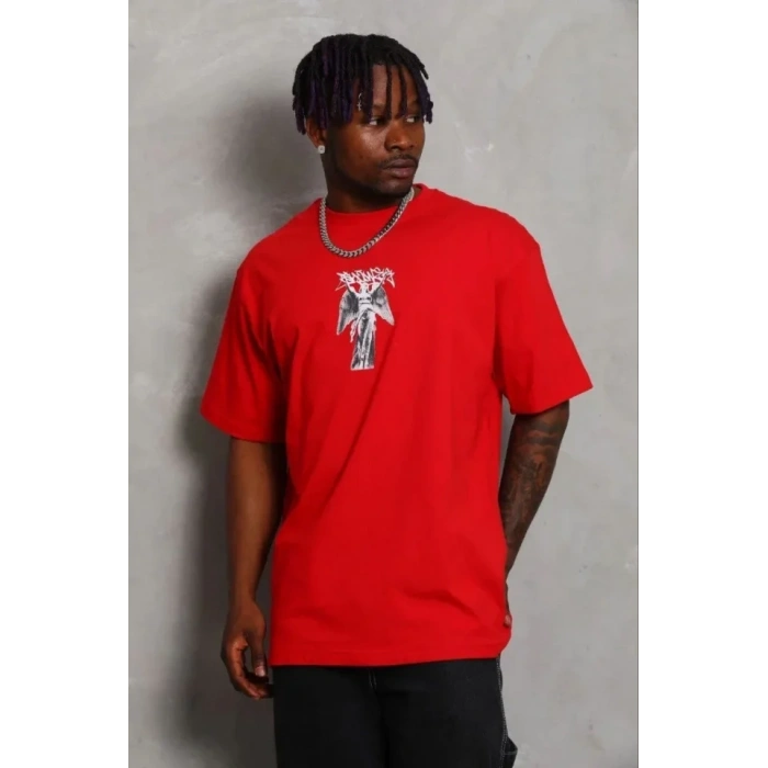 Erkek Baskılı T-Shirt Kısa Kol Bisiklet Yaka Regular Fit Rahat Kalıp Günlük Tişört - Kırmızı