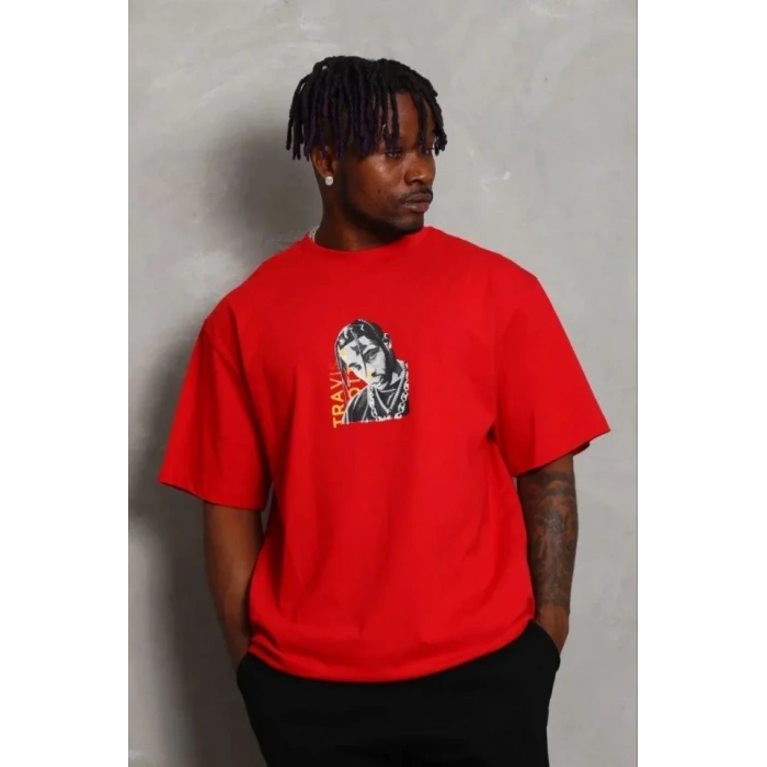 Erkek Baskılı T-Shirt Kısa Kol Bisiklet Yaka Regular Fit Rahat Kalıp Günlük Tişört - Kırmızı