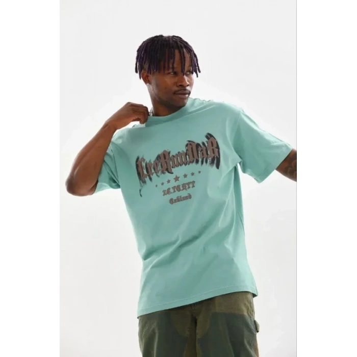 Erkek Baskılı T-Shirt Kısa Kol Bisiklet Yaka Regular Fit Rahat Kalıp Günlük Tişört - Mint Yeşili