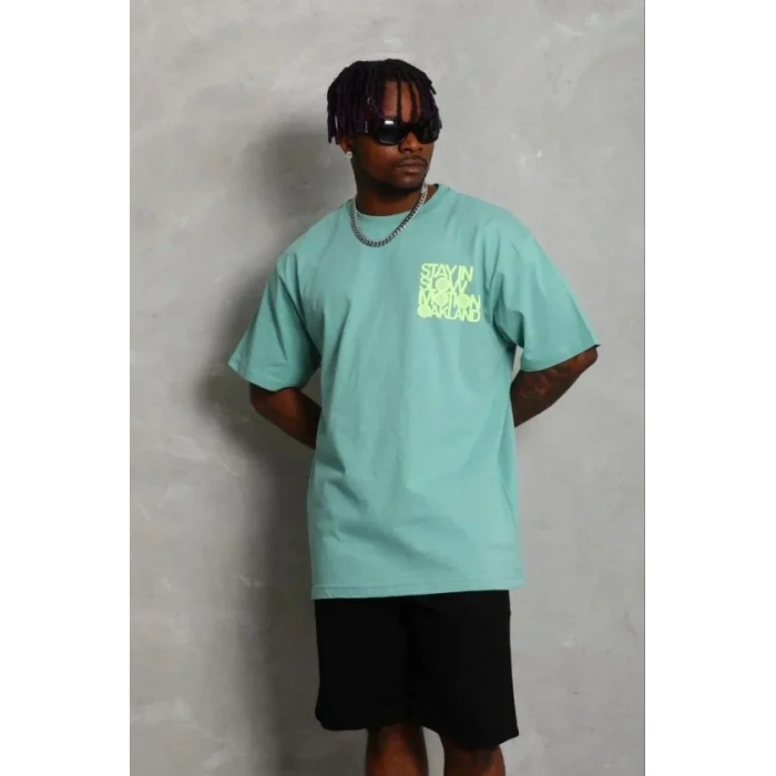 Erkek Baskılı T-Shirt Kısa Kol Bisiklet Yaka Regular Fit Rahat Kalıp Günlük Tişört - Mint Yeşili