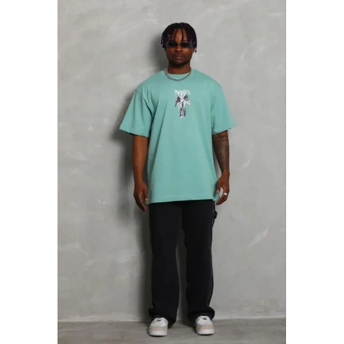 Erkek Baskılı T-Shirt Kısa Kol Bisiklet Yaka Regular Fit Rahat Kalıp Günlük Tişört - Mint Yeşili