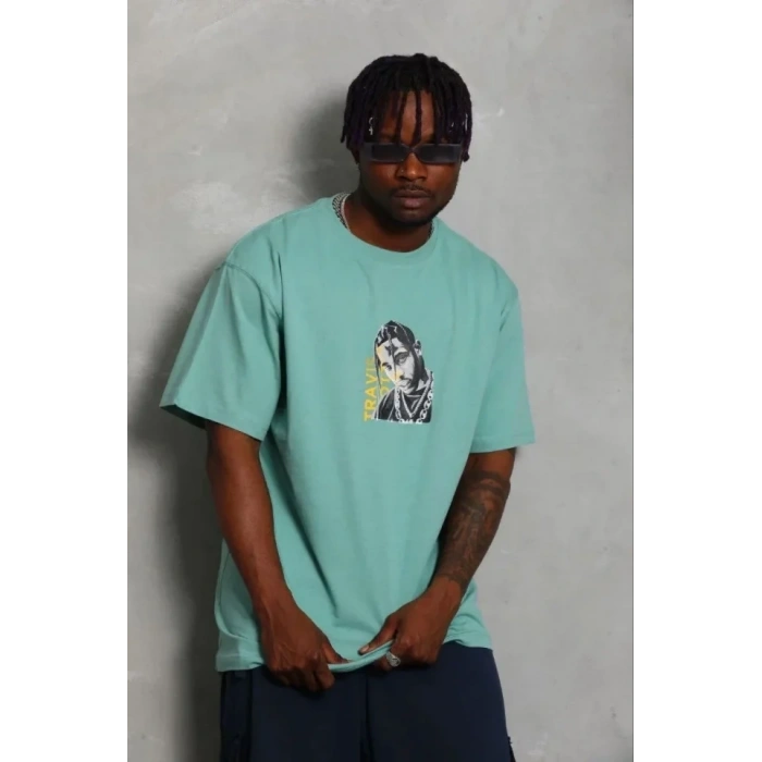 Erkek Baskılı T-Shirt Kısa Kol Bisiklet Yaka Regular Fit Rahat Kalıp Günlük Tişört - Mint Yeşili