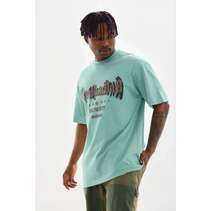 Erkek Baskılı T-Shirt Kısa Kol Bisiklet Yaka Regular Fit Rahat Kalıp Günlük Tişört - Mint Yeşili