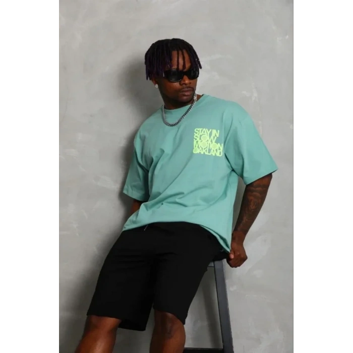 Erkek Baskılı T-Shirt Kısa Kol Bisiklet Yaka Regular Fit Rahat Kalıp Günlük Tişört - Mint Yeşili
