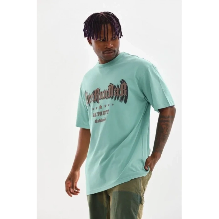 Erkek Baskılı T-Shirt Kısa Kol Bisiklet Yaka Regular Fit Rahat Kalıp Günlük Tişört - Mint Yeşili