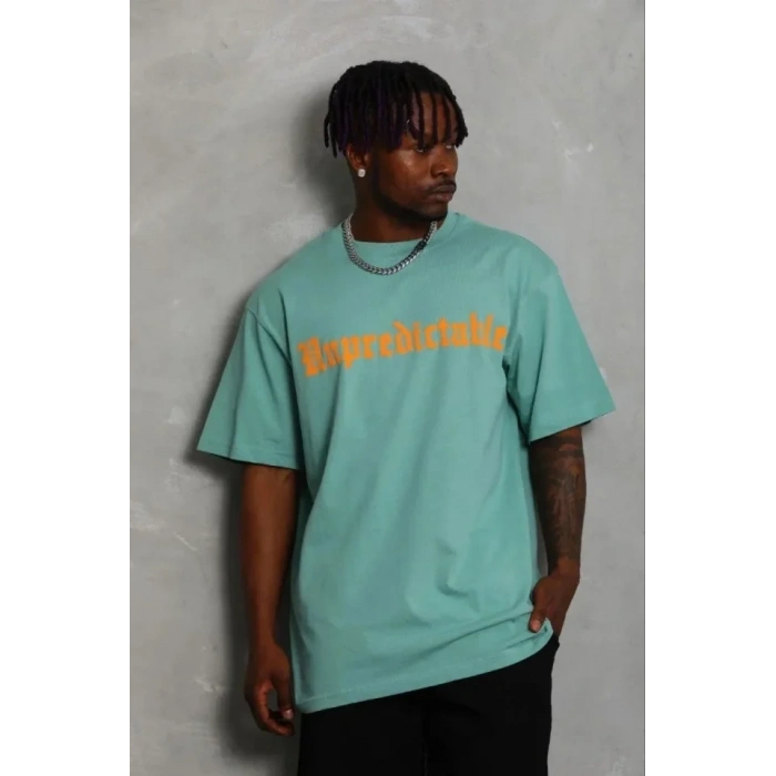 Erkek Baskılı T-Shirt Kısa Kol Bisiklet Yaka Regular Fit Rahat Kalıp Günlük Tişört - Mint Yeşili