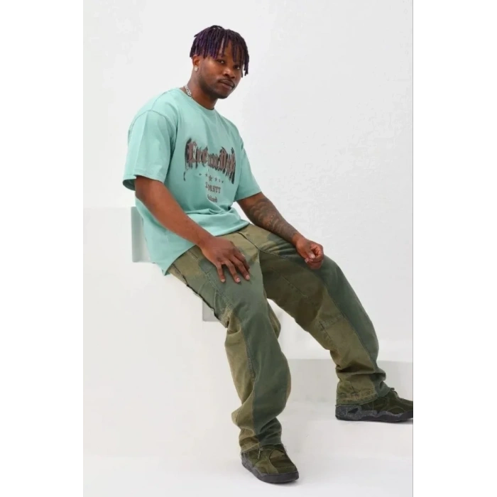 Erkek Baskılı T-Shirt Kısa Kol Bisiklet Yaka Regular Fit Rahat Kalıp Günlük Tişört - Mint Yeşili