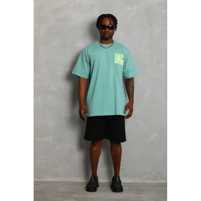 Erkek Baskılı T-Shirt Kısa Kol Bisiklet Yaka Regular Fit Rahat Kalıp Günlük Tişört - Mint Yeşili