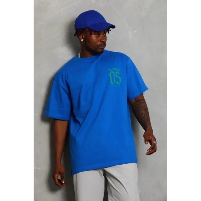 Erkek Baskılı T-Shirt Kısa Kol Bisiklet Yaka Regular Fit Rahat Kalıp Günlük Tişört - Saks Mavisi