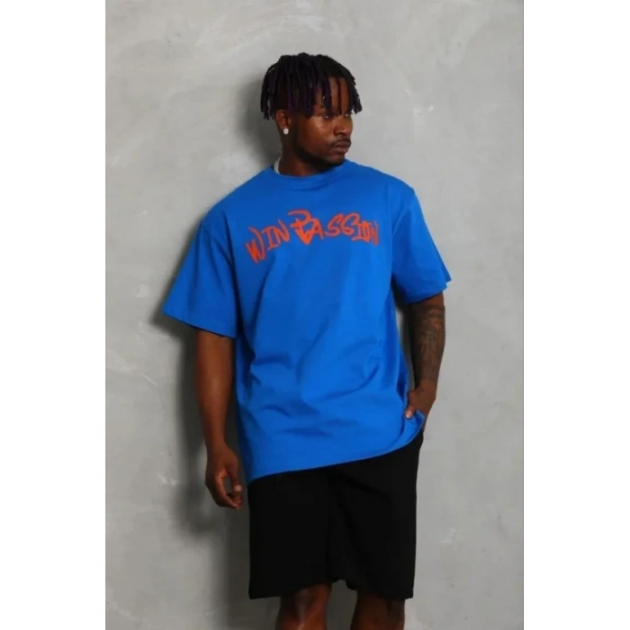 Erkek Baskılı T-Shirt Kısa Kol Bisiklet Yaka Regular Fit Rahat Kalıp Günlük Tişört - Saks Mavisi