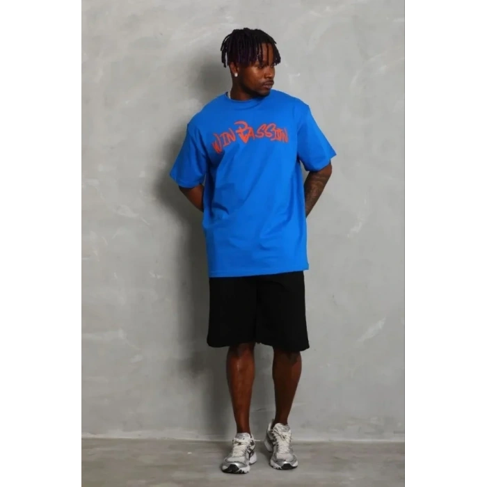 Erkek Baskılı T-Shirt Kısa Kol Bisiklet Yaka Regular Fit Rahat Kalıp Günlük Tişört - Saks Mavisi