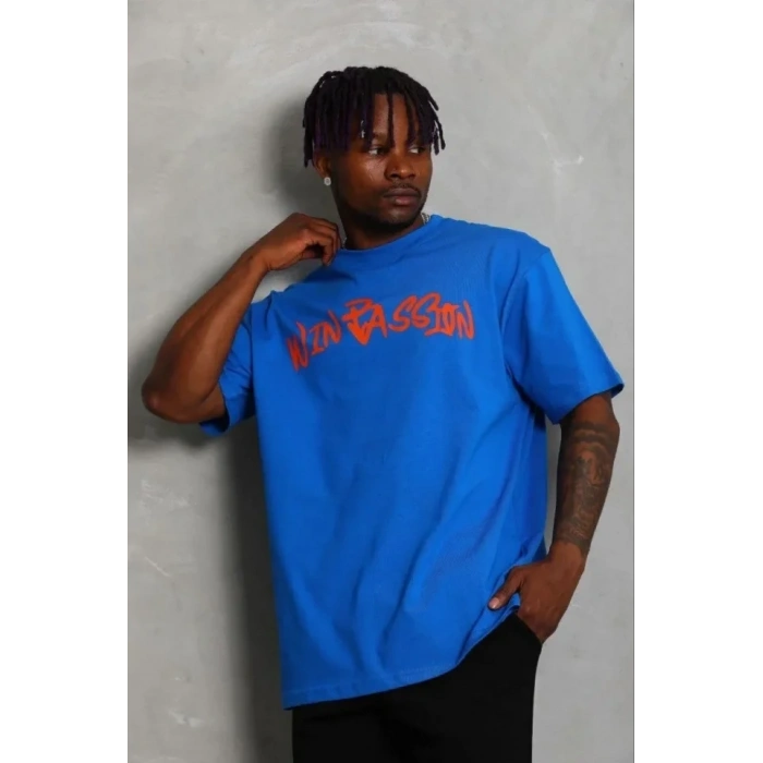 Erkek Baskılı T-Shirt Kısa Kol Bisiklet Yaka Regular Fit Rahat Kalıp Günlük Tişört - Saks Mavisi