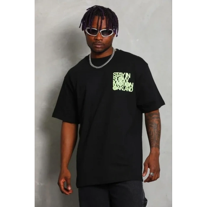 Erkek Baskılı T-Shirt Kısa Kol Bisiklet Yaka Regular Fit Rahat Kalıp Günlük Tişört - Siyah