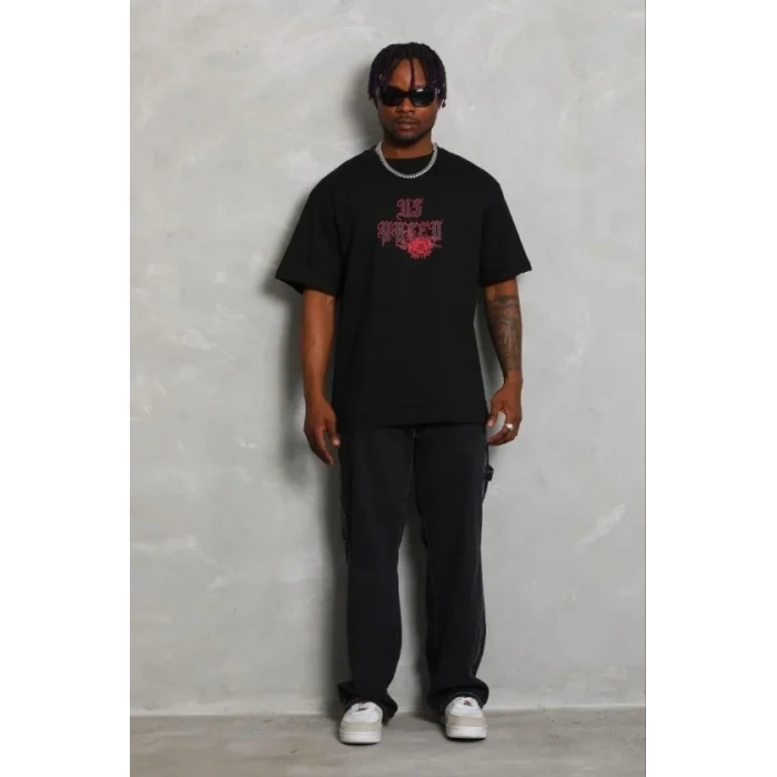 Erkek Baskılı T-Shirt Kısa Kol Bisiklet Yaka Regular Fit Rahat Kalıp Günlük Tişört - Siyah