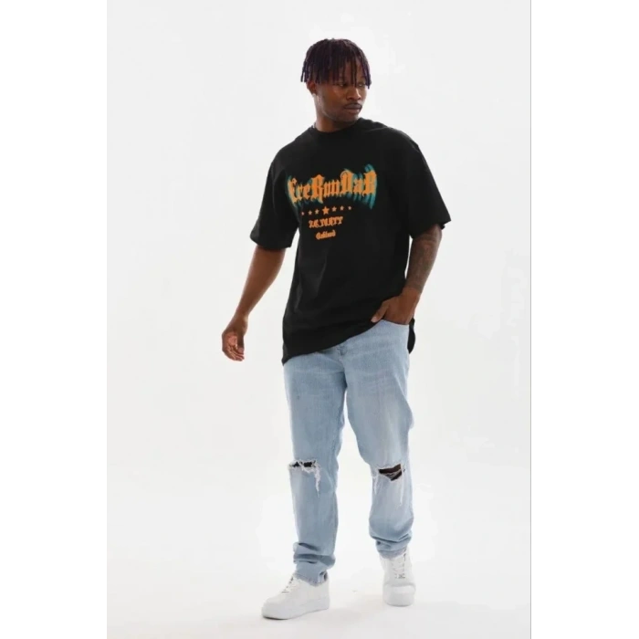 Erkek Baskılı T-Shirt Kısa Kol Bisiklet Yaka Regular Fit Rahat Kalıp Günlük Tişört - Siyah