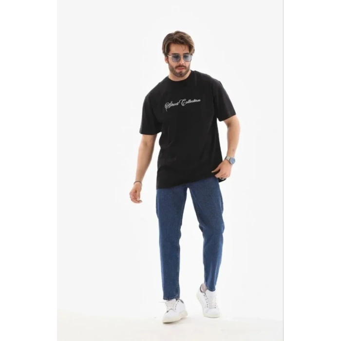 Erkek Baskılı T-Shirt Kısa Kol Bisiklet Yaka Regular Fit Rahat Kalıp Günlük Tişört - Siyah