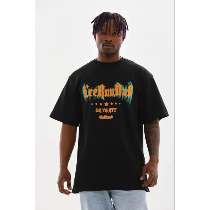 Erkek Baskılı T-Shirt Kısa Kol Bisiklet Yaka Regular Fit Rahat Kalıp Günlük Tişört - Siyah