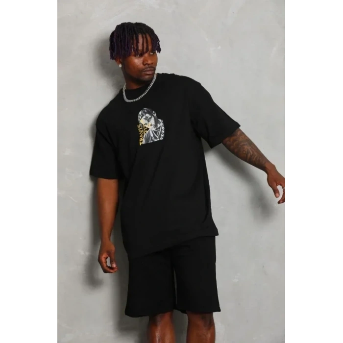 Erkek Baskılı T-Shirt Kısa Kol Bisiklet Yaka Regular Fit Rahat Kalıp Günlük Tişört - Siyah